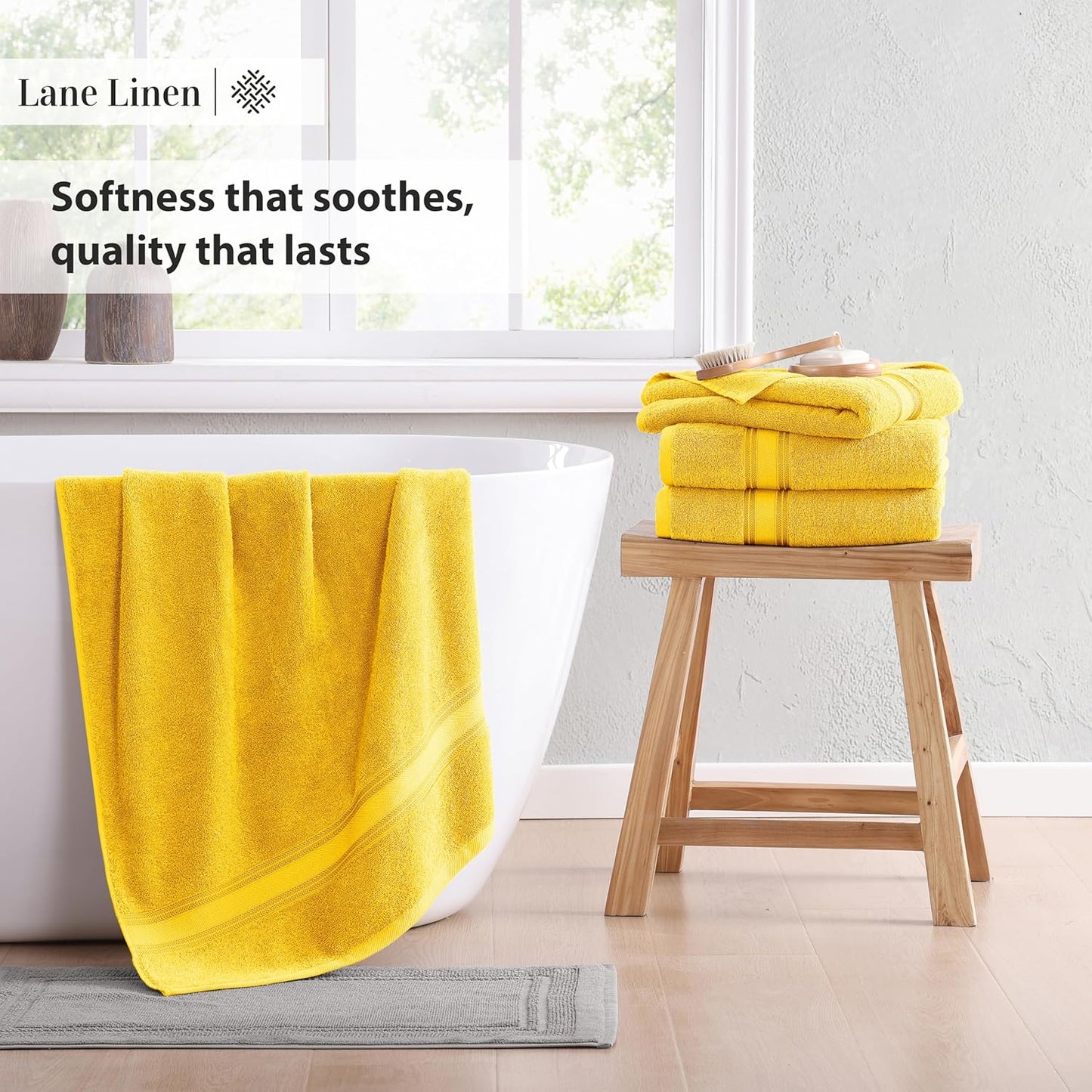 LANE LINEN 100% Cotton Bath Towels Pack of 4 (30"x60") - Zero Twist, Mercerized Cotton Bathroom Towel Set - Quick Dry, Extra Soft & Absorbent Yellow Bath Towels - Suitable for All Skin Types - Mimosa