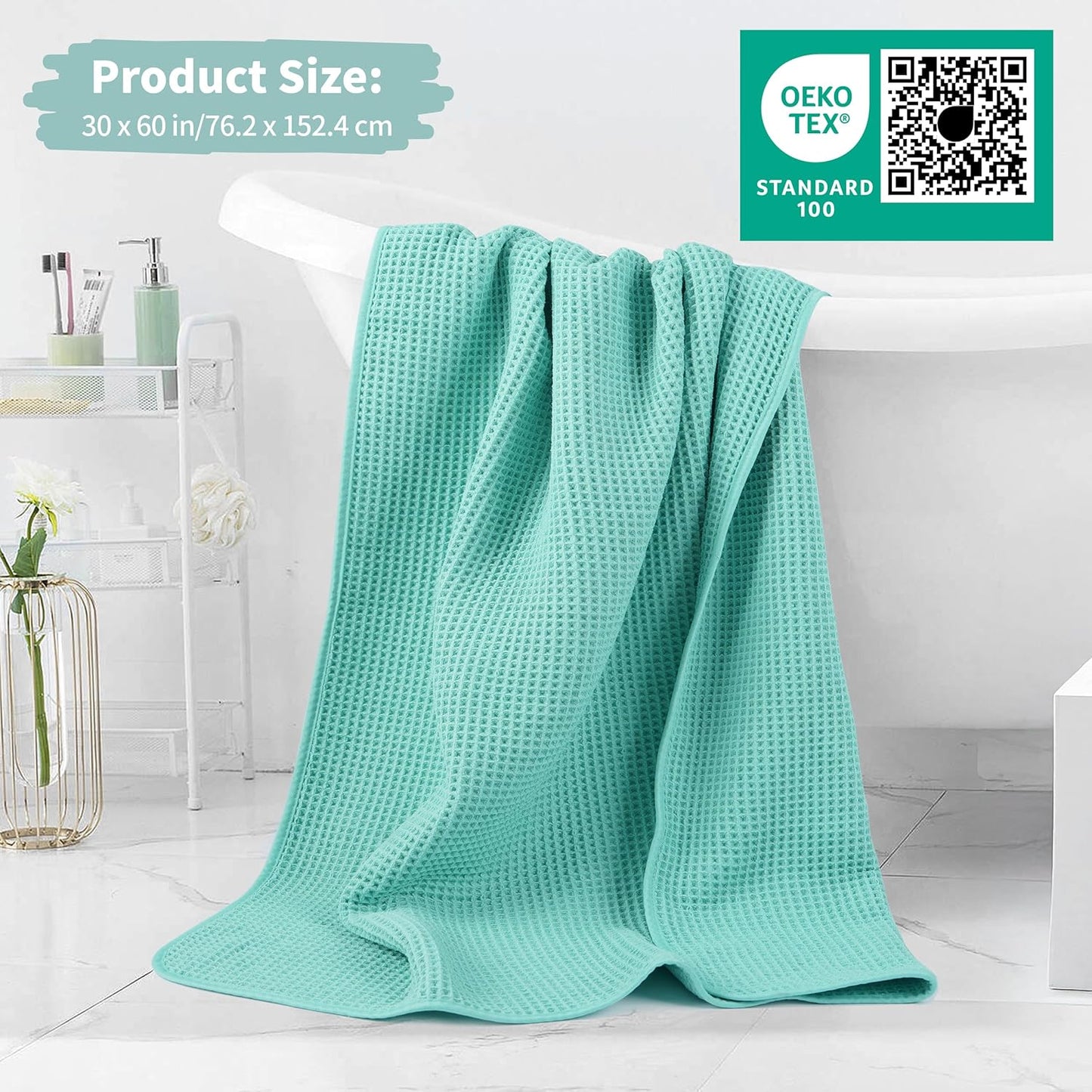 New Microfiber Waffle Bath Towels, 2 Pieces, Oversized, Soft, Absorbent, Fast Drying, Lint Free (Turquoise)