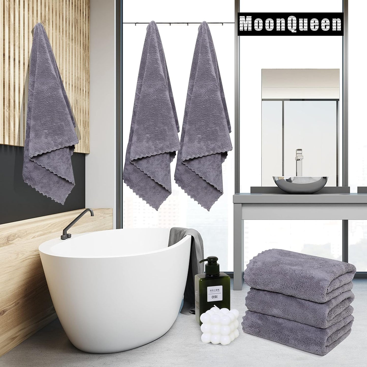 MOONQUEEN 6 Pack Premium Bath Towel Set - Quick Drying - Microfiber Coral Velvet Highly Absorbent Towels - Multipurpose Use as Bath Fitness, Bathroom, Shower, Sports, Yoga Towel (Grey)