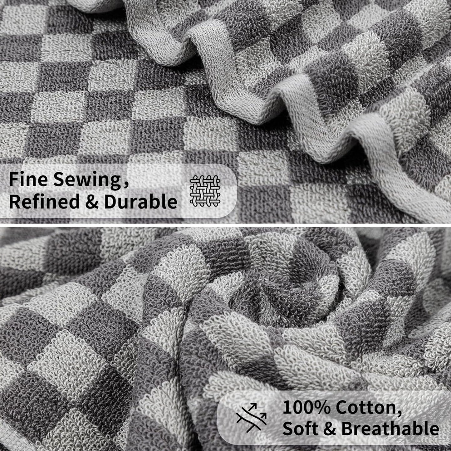 Checkered Bath Towels Set of 6 Large, 520GSM, 100% Cotton Shower Towels * 2 (55.12"*27.56"), Hand Towels * 4 (29.52"*13.77"),Towels for Bathroom、Pool、Hotel, Spa, Soft Absorbent（Grey）