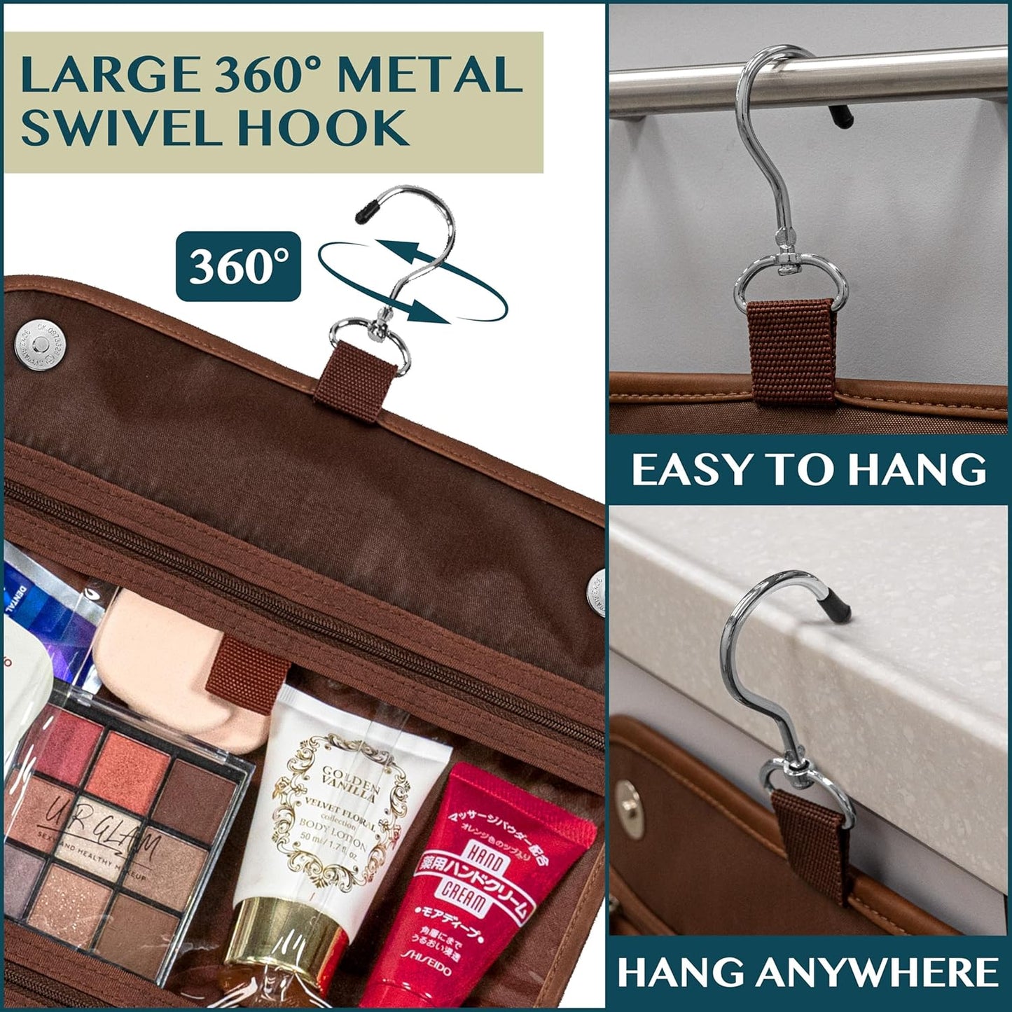 PAVILIA Hanging Toiletry Bag Women Men, Foldable Cosmetic Organizer Travel Bag, Water Resistant Makeup Bag Toiletries, Large Travel Essentials Kit (Dark Brown)