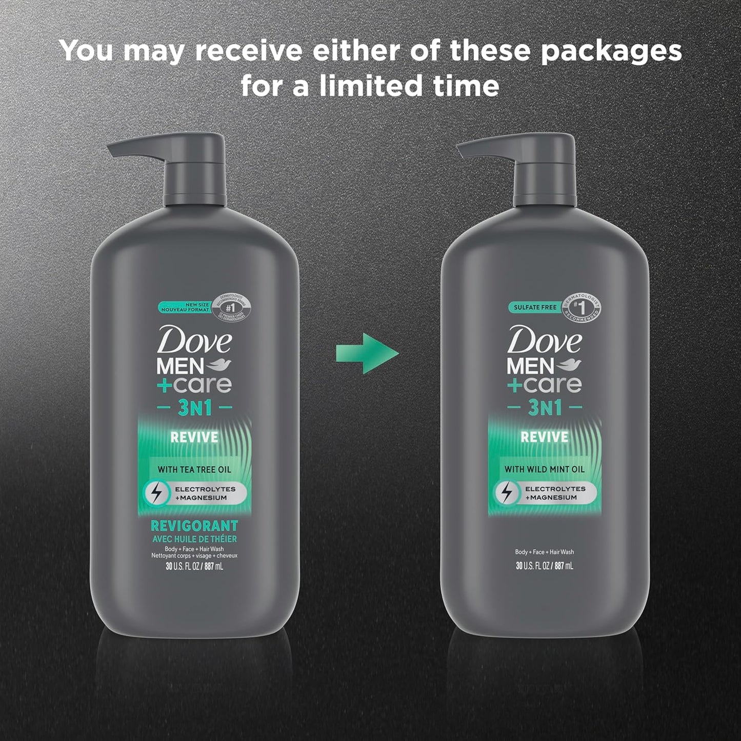 DOVE MEN + CARE Body and Face Wash Invigorating Revive 3N1 with Tea Tree Oil, with 24-Hour Nourishing Micromoisture Technology, 30 oz