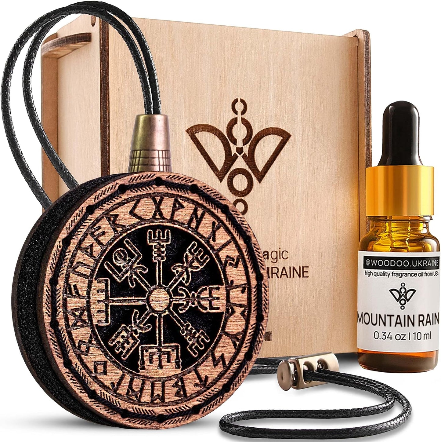 Wood Car Air Freshener — Handmade Car Air Freshener — Vegvisir Designed Fragrance Oil Diffuser in Wooden Gift Box — Aromatherapy Gift Set with Mountain Rain Fragrance Oil - 10 ml
