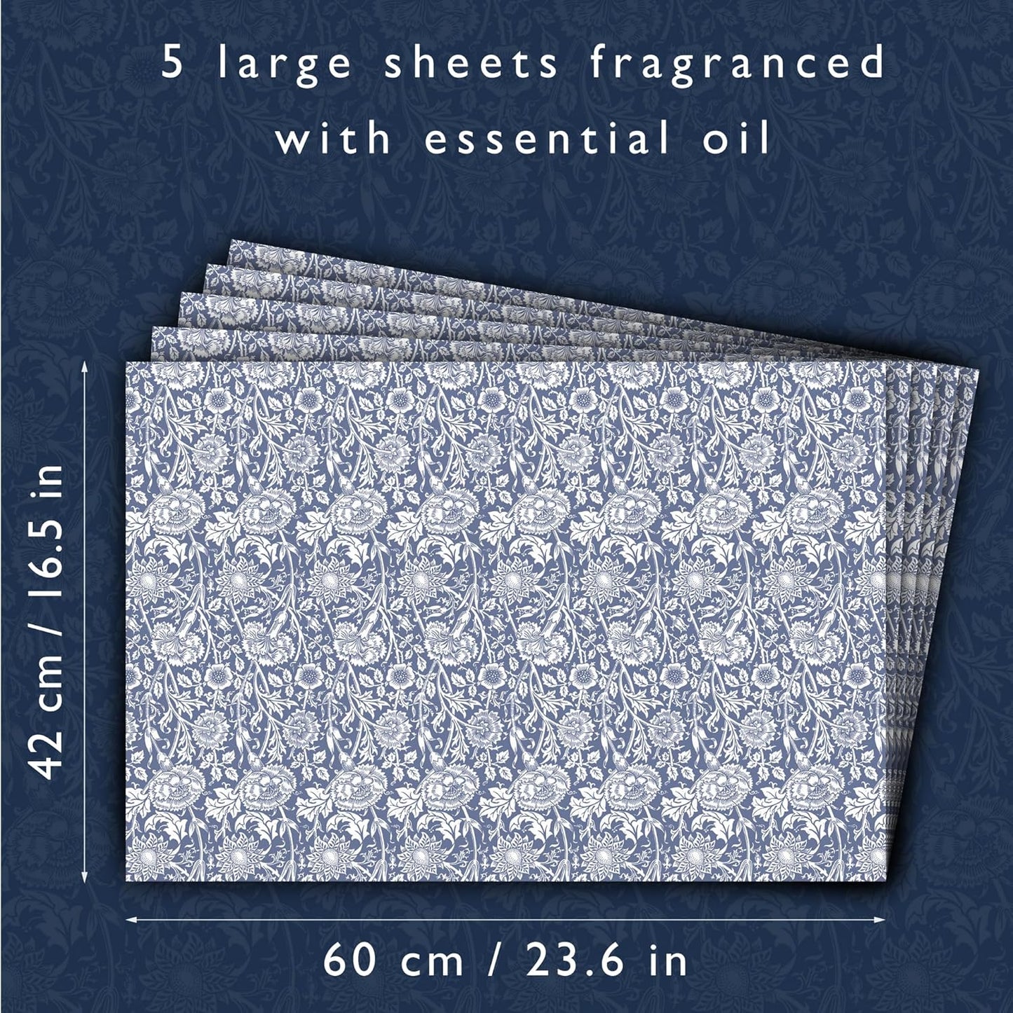 Lavender Scented Drawer Liners in a Blue William Morris Design | Pack of 5 Folded Sheets | Contains Lavender Essential Oils | Made in The UK.