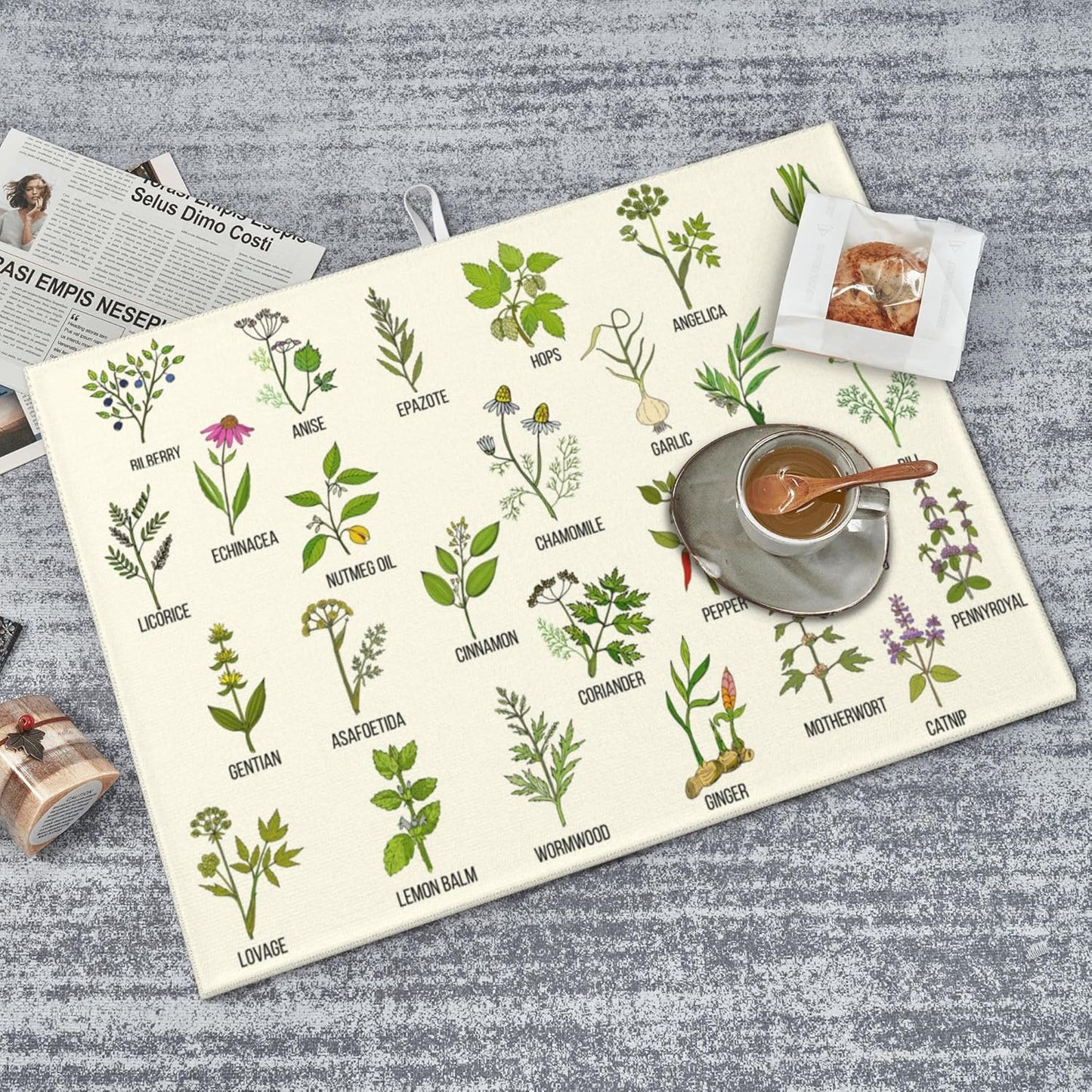 Cute Herbs Botanic Garden Plants Dish Drying Mat for Kitchen Counter Modern Drying Pad 18x24 Inch Absorbent Reversible Dish Drainer Rack Mats