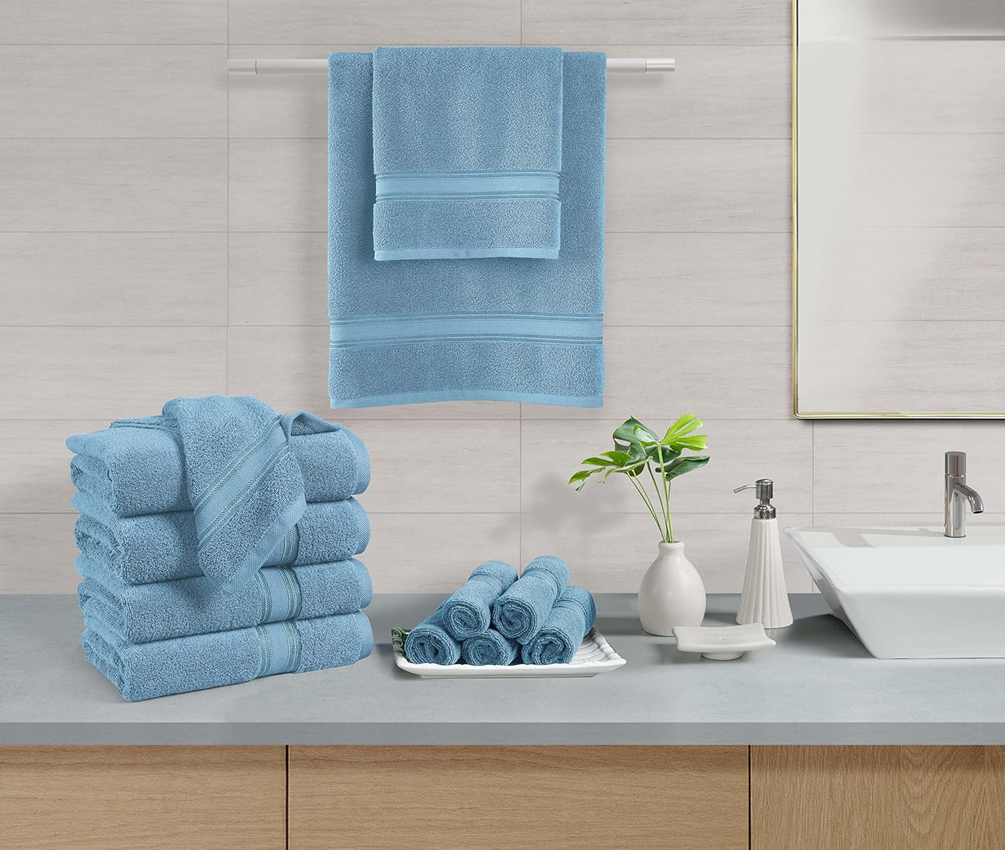 LANE LINEN Luxury Bath Towels Set - 3 Piece 100% Cotton Bathroom Towels, Quick Dry, Extra Aborbent, Super Soft Towels Set 1 Hand Towel, 1 Wash Cloths, 1 Bath Towel, Blue