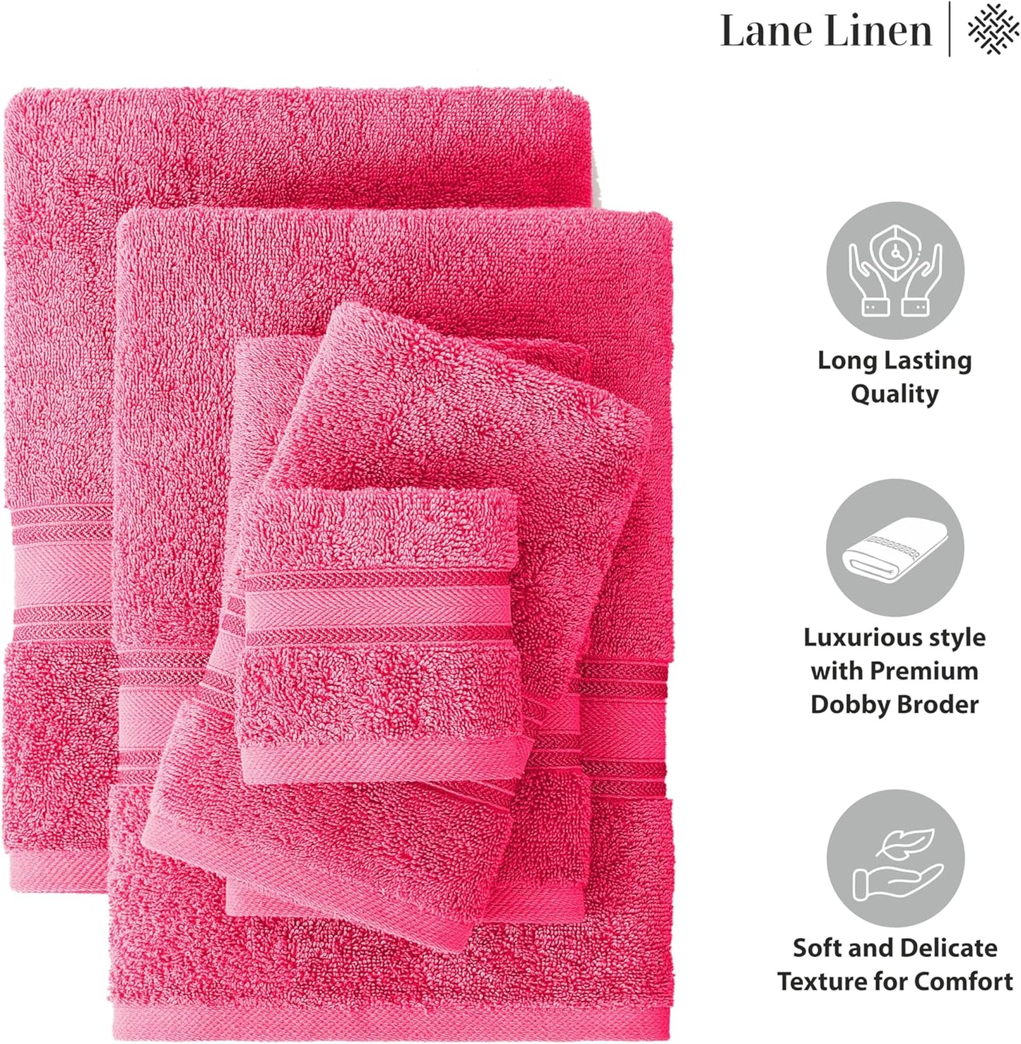 LANE LINEN Luxury Bath Towels Set - 12 Piece (4 Bath Towels, 4 Hand Towels, 4 Washcloths), 100% Cotton, Zero Twist, Super Soft & Extra Absorbent - Fuchsia