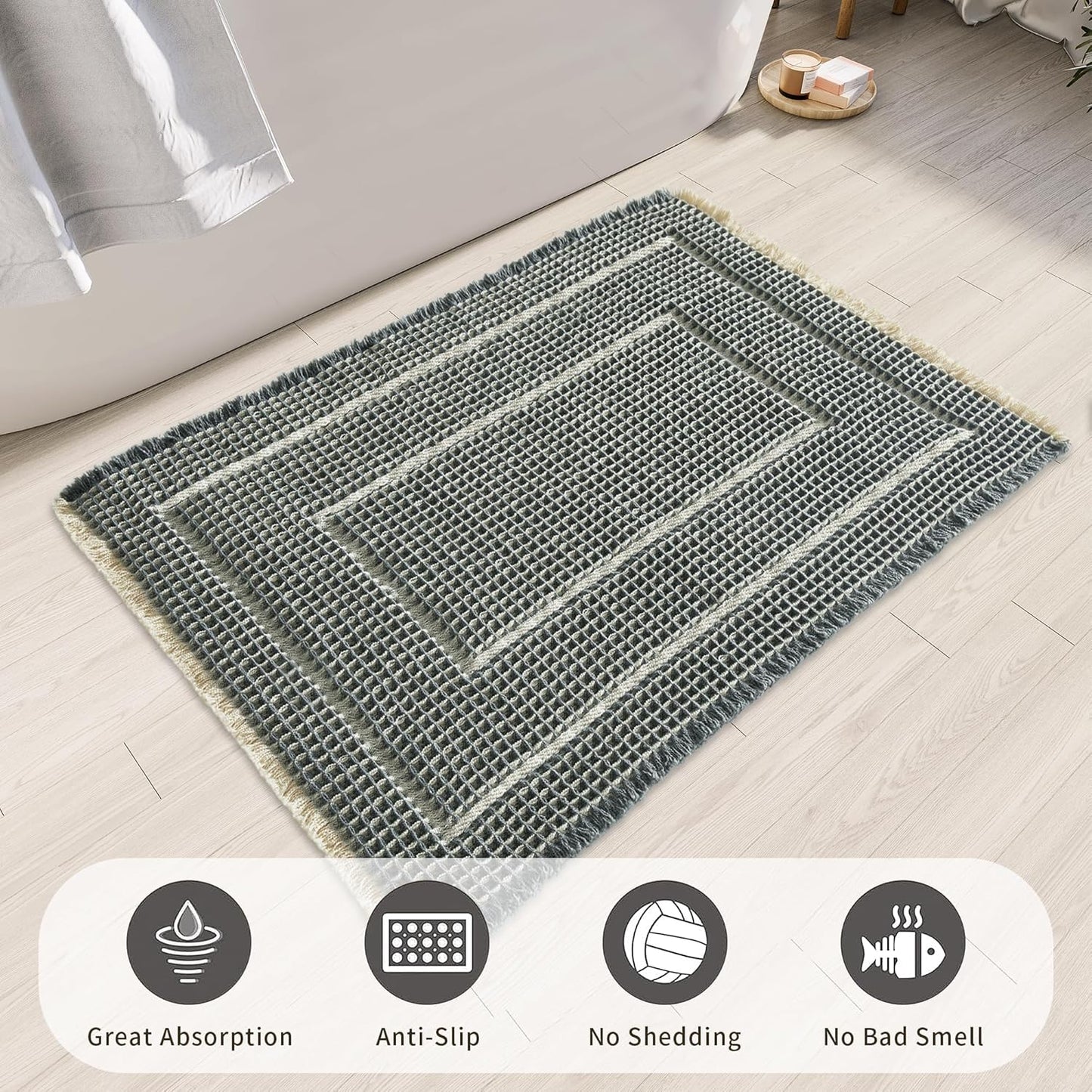 Bath Matts - Upgraded Waffle Super Absorbent, Non Slip Washable, Quick Dry Shower Mats, Ultra Soft for Bathroom Floor, Bluish Grey & Yellow, 24"*36