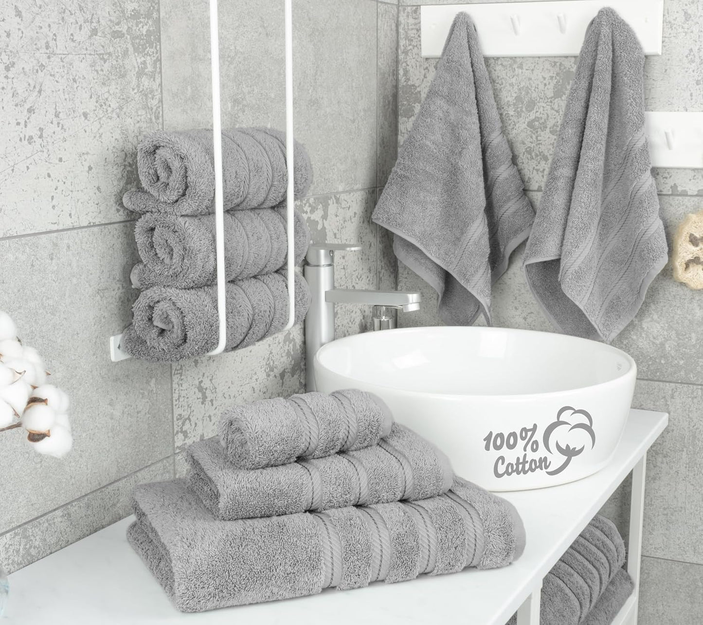 American Soft Linen Luxury 6 Piece Towel Set, 2 Bath Towels 2 Hand Towel 2 Washcloths, 600 GSM 100% Cotton Turkish Towels for Bathroom, Light Grey Towel Sets