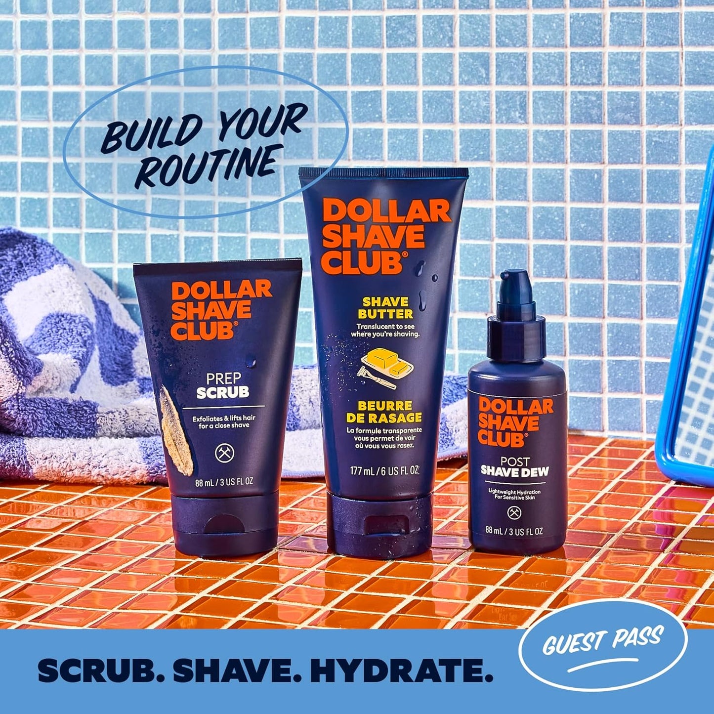 Dollar Shave Club | The Guest Pass Shave Set | 2 Extra Close Refill Cartridges, 1 Handle (Blue), 1 Razor Cover, Razors for Men