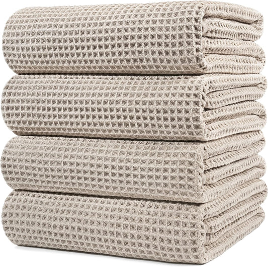 POLYTE Microfiber Oversize Quick Dry Lint Free Bath Towel, 60 x 30 in, 4 Pack (Waffle Weave)
