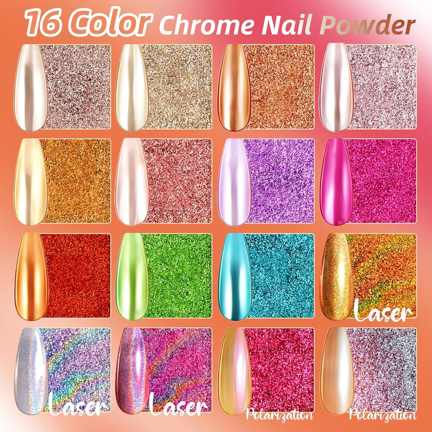 Chrome Nail Powder Palette, 16 Glitter Laser Metal Mirror Effect Aurora Iridescent Holographic Gold Silver Bright Colors Ombre Nail Pigment Powder Kit French Nails Manicure DIY Accessories