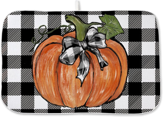 Fall Dish Drying Mat for Kitchen Counter, 18x24 Inch Buffalo Plaid Orange Pumpkin Absorbent Dish Drying Pad Heat Resistant Mat Coffee Bar Mat Dish Drainer Rack Mat