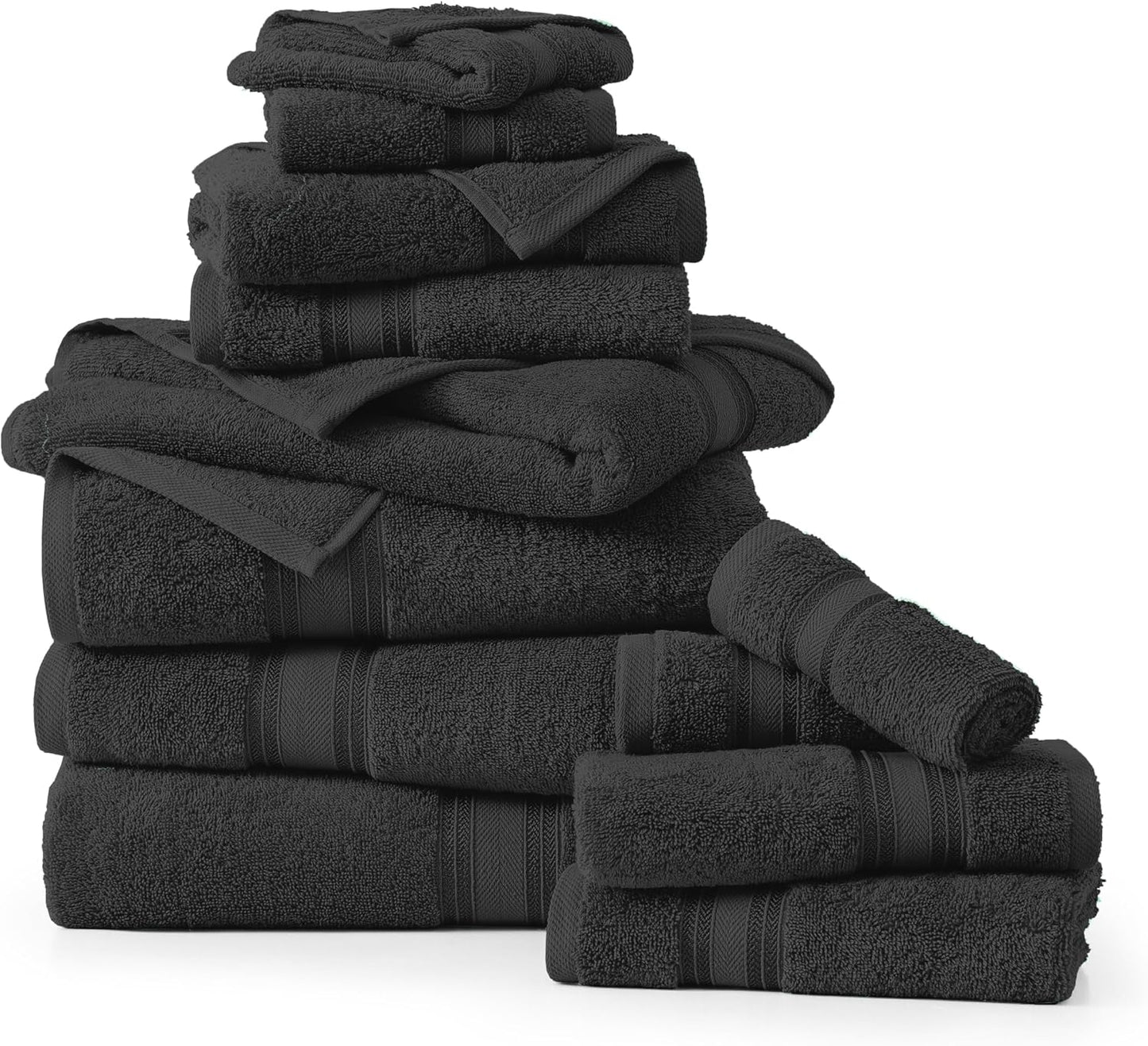 LANE LINEN Luxury Bath Towels Set - 12 Piece Set, 100% Cotton, Zero Twist, Quick Dry Shower Towel, Absorbent Towel, Super Soft, 4 Bath Towels, 4 Hand Towels, 4 Wash Cloths - Black