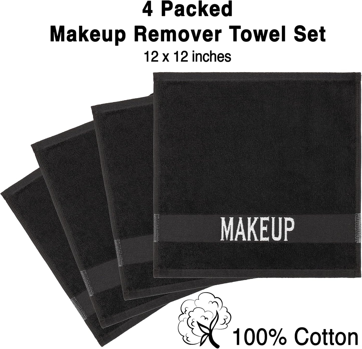 American Soft Linen, Makeup Remover Face Cloth, 100% Cotton Makeup Towels, 4 Packed Face Towels, 12x12 inches, Black