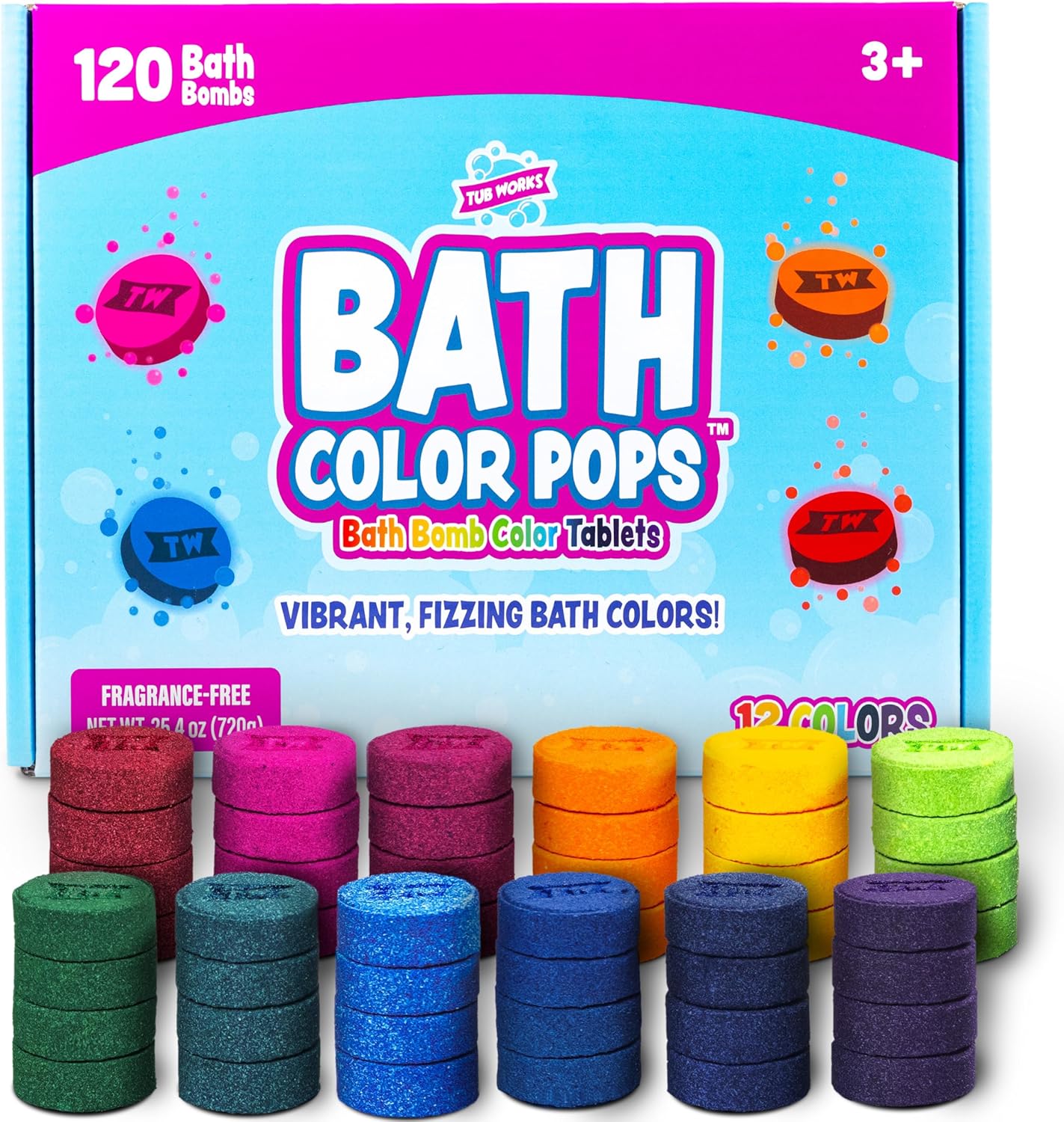 Tub Works® Bath Color Pops™ Moisturizing Kids Bath Bombs, 120 Count | Bath Bomb Refills for Bath Color Brush | Nontoxic & Fragrance-Free | 12 Unique Colors | Fizzy, Vibrant Water Color Tablets