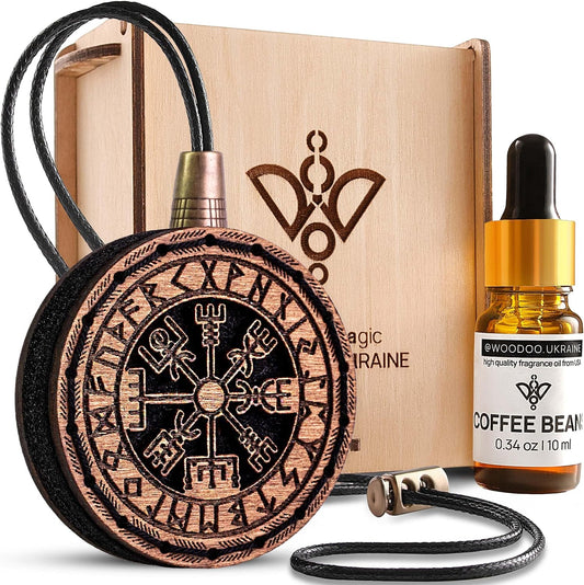 Wood Car Air Freshener — Handmade Car Air Freshener — Vegvisir Designed Fragrance Oil Diffuser in Wooden Gift Box — Aromatherapy Gift Set with Coffee Beans Fragrance Oil - 10 ml