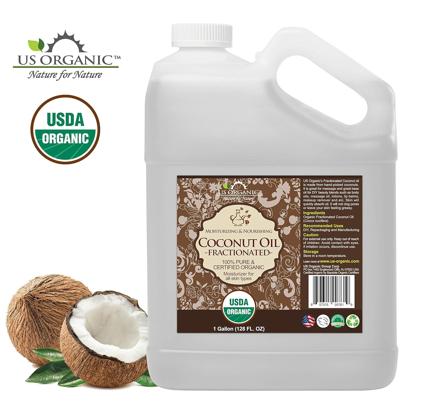 US Organic Fractionated Coconut Oil Bulk Pack, USDA Certified Organic, Non-GMO, Perfect for massage, carrier oil for DIY blends, Hair, Skin care. 100% Pure, Hexane-Free (128 oz (1 Gallon))