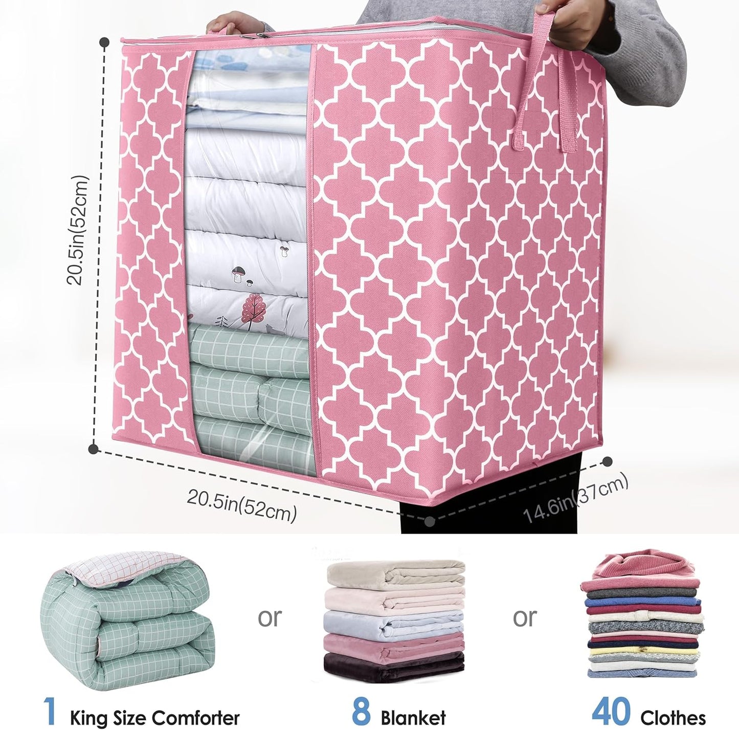 WISELIFE Storage Bags 8 Pack/100L Large Blanket Clothes Organization and Storage Containers for Comforters,Bedding, Foldable Organizer with Reinforced Handle, Clear Window, Sturdy Zippers,Pink