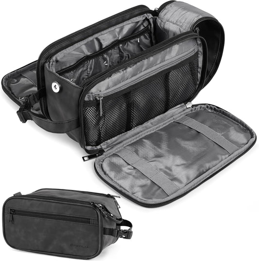 PAVILIA Large Toiletry Bag for Men Women, Mens Travel Bag Toiletries Organizer Case for Grooming, Travel Essentials Shaving Dopp Kit, PU Leather Water Resistant Cosmetic Pouch, Black