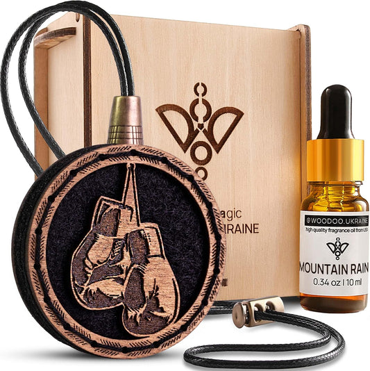 Wood Car Air Freshener — Handmade Car Air Freshener — Boxing Gloves Designed Fragrance Oil Diffuser in Wooden Gift Box — Aromatherapy Gift Set with Mountain Rain Fragrance Oil - 10 ml