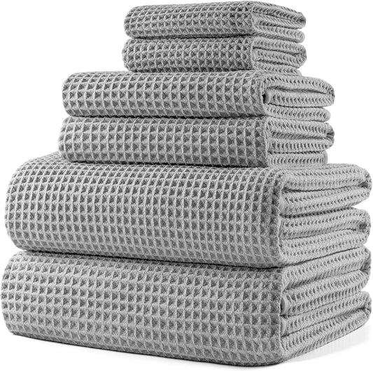POLYTE Oversize, 60 x 30 in., Quick Dry Lint Free Microfiber Bath Towel Set, 6 Piece (Waffle Weave)