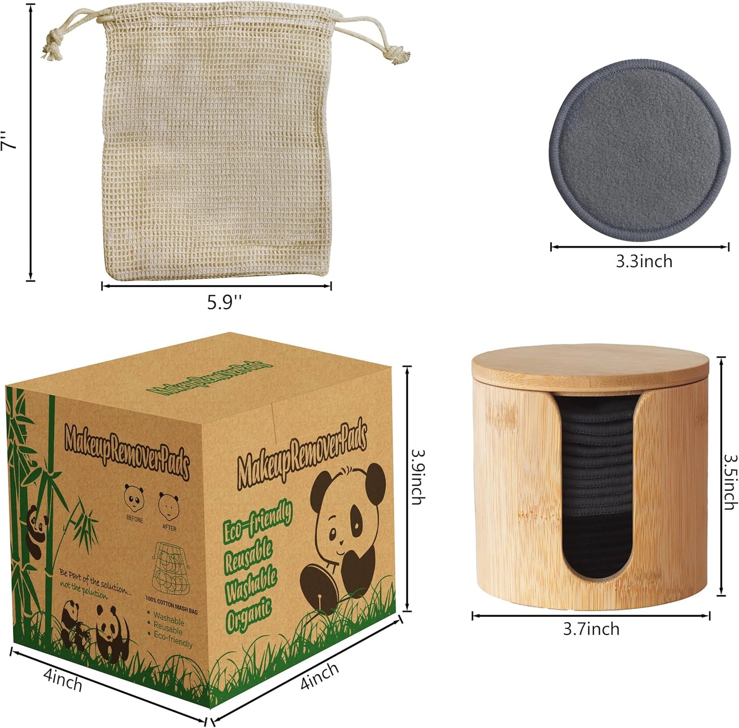 Reusable Bamboo Makeup Remover Pads | 20Pcs Natural Bamboo Reusable Cotton Rounds Makeup Removal Pad| Soft Makeup Remover Set with Bamboo Holder Laundry Bag Headband, Black and Gray