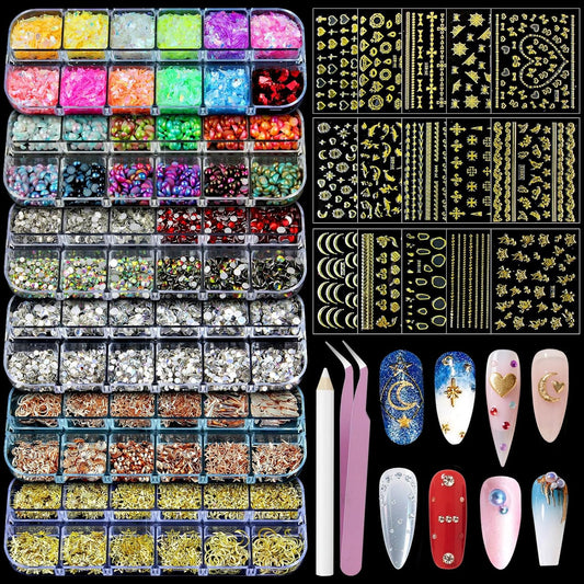 Artdone Nail Art Studs Kit, 6 boxes Multicolor And Design 3D Charms With 15 Sheets Gold Nail Stickers, Diamond Cute Nail Jewels For DIY Decoration with Pickup Tools