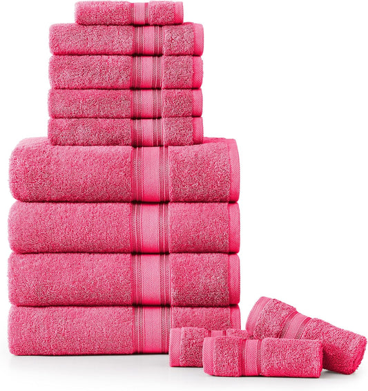 LANE LINEN Luxury Bath Towels Set - 12 Piece (4 Bath Towels, 4 Hand Towels, 4 Washcloths), 100% Cotton, Zero Twist, Super Soft & Extra Absorbent - Fuchsia