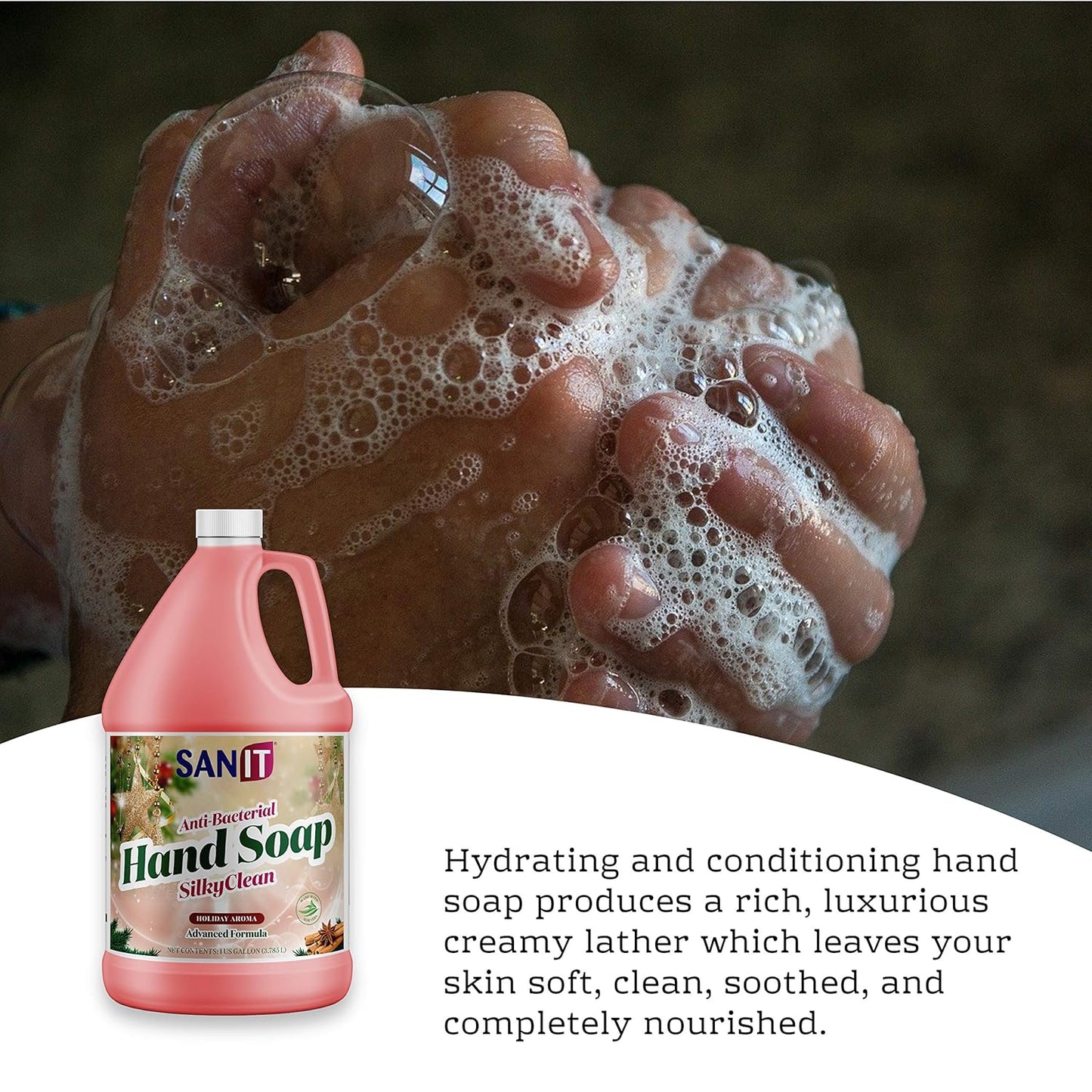 Sanit Silky Clean Antibacterial Liquid Gel Hand Soap Refill - Advanced Formula with Coconut Oil and Aloe Vera - All Natural Moisturizing Hand Wash - Made in USA, Holiday Aroma, 1 Gallon