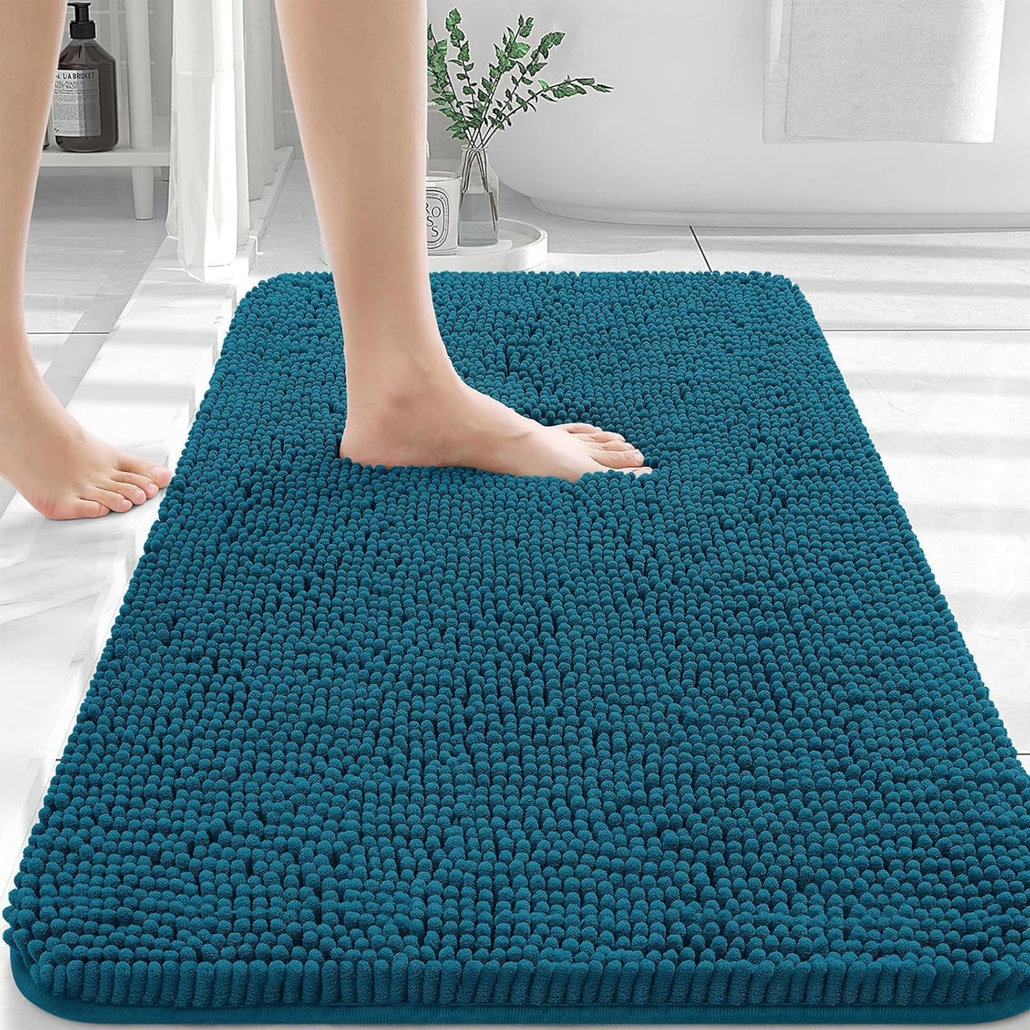 OLANLY Bathroom Rugs 36x24, Extra Soft Absorbent Chenille Bath Rugs, Rubber Backing Quick Dry, Machine Washable Bath Mats for Bathroom Floor, Tub and Shower, Home Decor Accessories, Peacock Blue