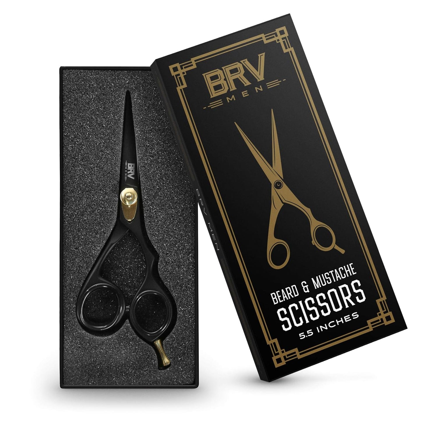 BRV MEN Professional Mustache & Beard Trimming Scissors - 5.5" | High Carbon Stainless Steel & Hammer Forged Mustache Scissors | Razor Sharp Facial Hair Trimming Shears (RIGHT HANDED - Black)