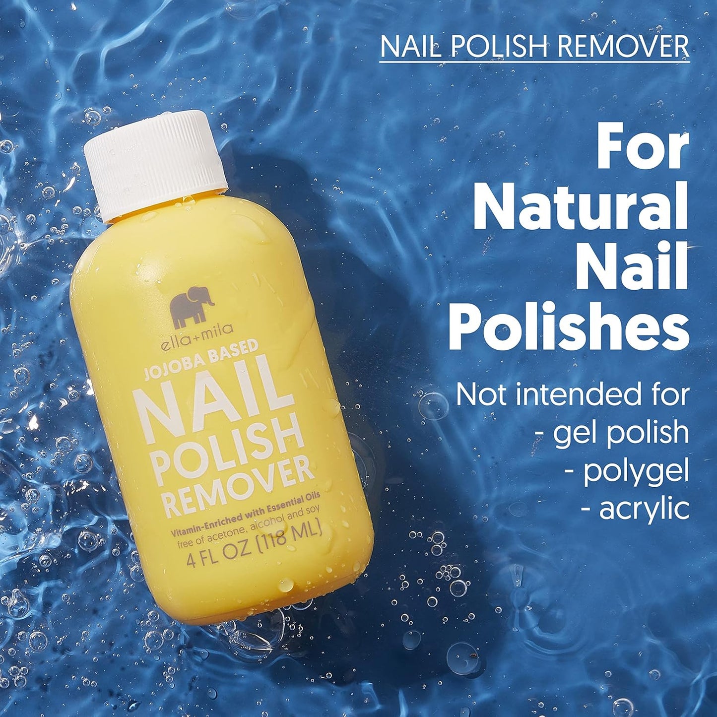 ella+mila Jojoba Nail Polish Remover Non-Acetone Nail Polish Remover - Non-Toxic Fingernail Polish Remover - Enriched With Jojoba oil & Vitamins (4 fl oz) Yellow