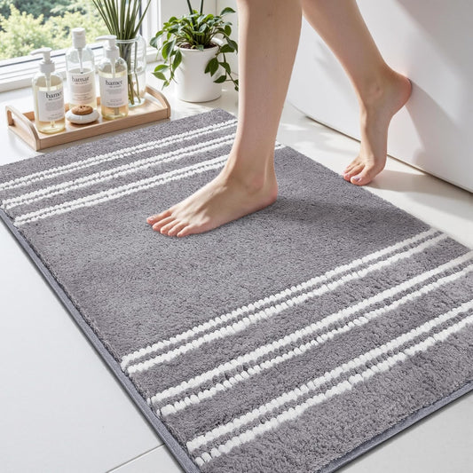 Bathroom Rugs 20x32 Extra Soft Absorbent Bath Mat Chenille Non Slip Shower Mat Rubber Backing Machine Washable Bath Mats for Bathroom Shaggy Grey Bath Rugs for Tub, Hallway
