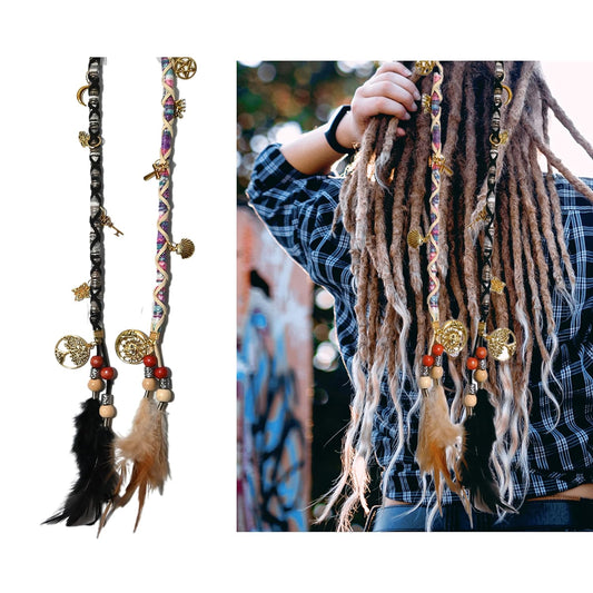 2 PCS Hippie Hair Extension Dreadlocks Hairclip Feather Beads Pendant Dread Wrap Hair Fall Hair Wrap Colorful Accessories for Dreads Braids Curls