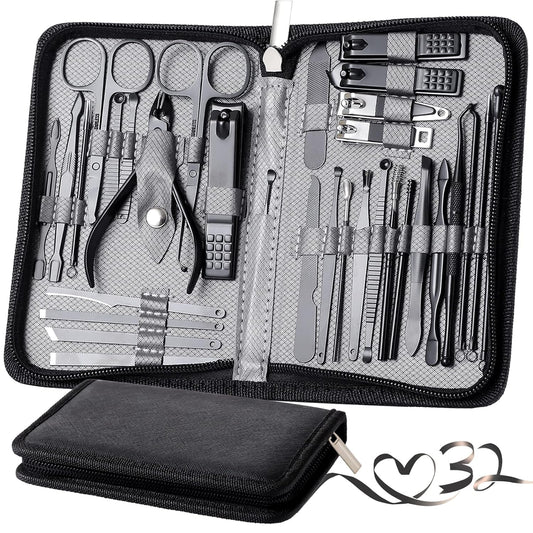 Manicure Set Pedicure Kit Womens Nail Clippers Set 32 in 1 Professional Grooming Care Tools Nail Kit Including Facial, Fingernails and Toenails Care with Travel Case Women (Gray_32 in 1)
