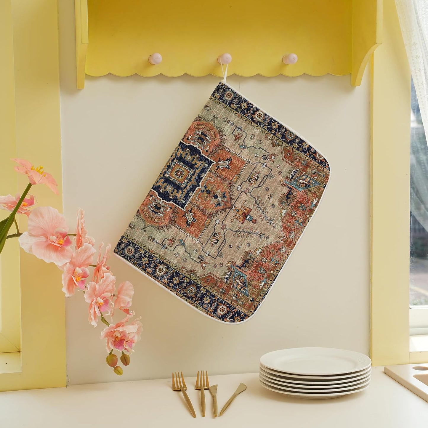 Aztec Dish Drying Mat for Kitchen Counter, 18x24 Inch Vintage Boho Style Absorbent Dish Drying Pad Heat Resistant Mat Coffee Bar Mat Dish Drainer Rack Mat