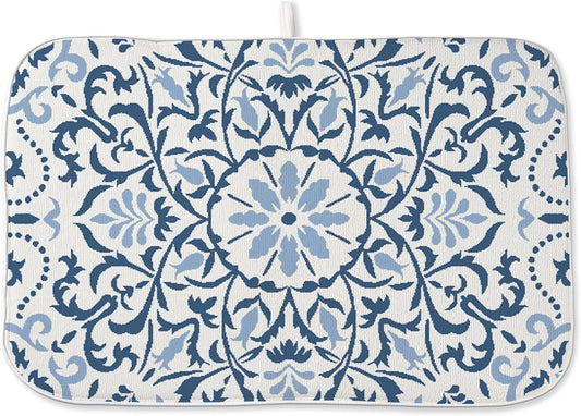 Blue Dish Drying Mat for Kitchen Counter, 18x24 Inch Navy Blue Boho Style Floral Absorbent Dish Drying Pad Heat Resistant Mat Coffee Bar Mat Dish Drainer Rack Mat