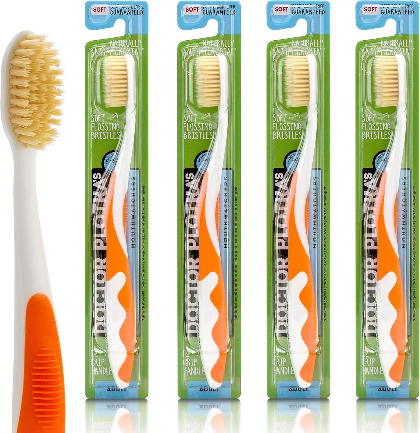 MOUTHWATCHERS Soft Flossing Toothbrushes, Value Pack of 4, Orange, Manual Toothbrush for Adults, Ultra Clean, Good for Sensitive Teeth and Gums, by Dr. Plotka's
