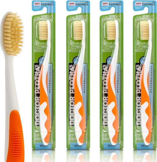 MOUTHWATCHERS Soft Flossing Toothbrushes, Value Pack of 4, Orange, Manual Toothbrush for Adults, Ultra Clean, Good for Sensitive Teeth and Gums, by Dr. Plotka's