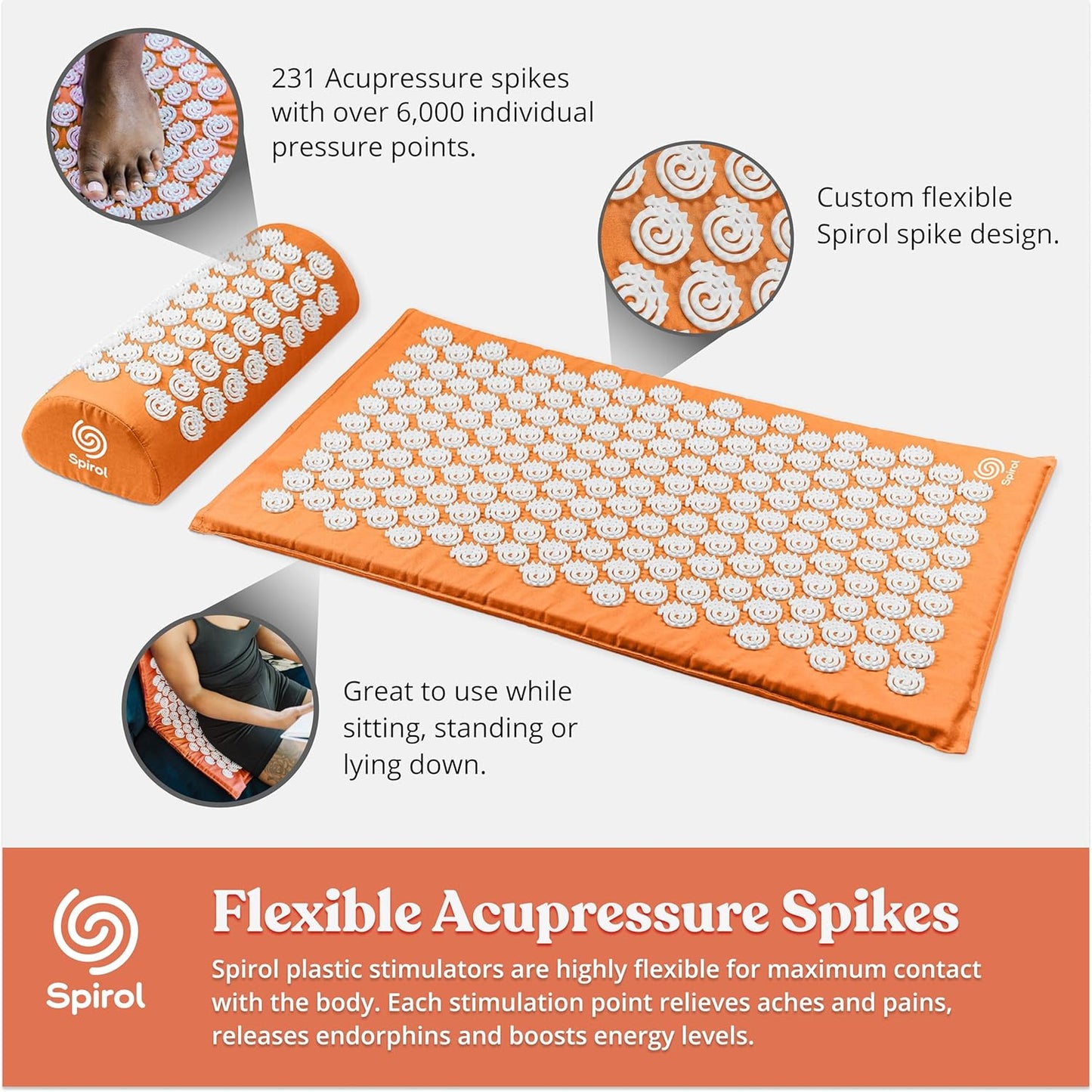 Spirol Acupressure Mat and Pillow Set for Back, Neck and Shoulder Pain Relief, with Flexible Acupressure Spikes, Includes Carry Bag (Orange)