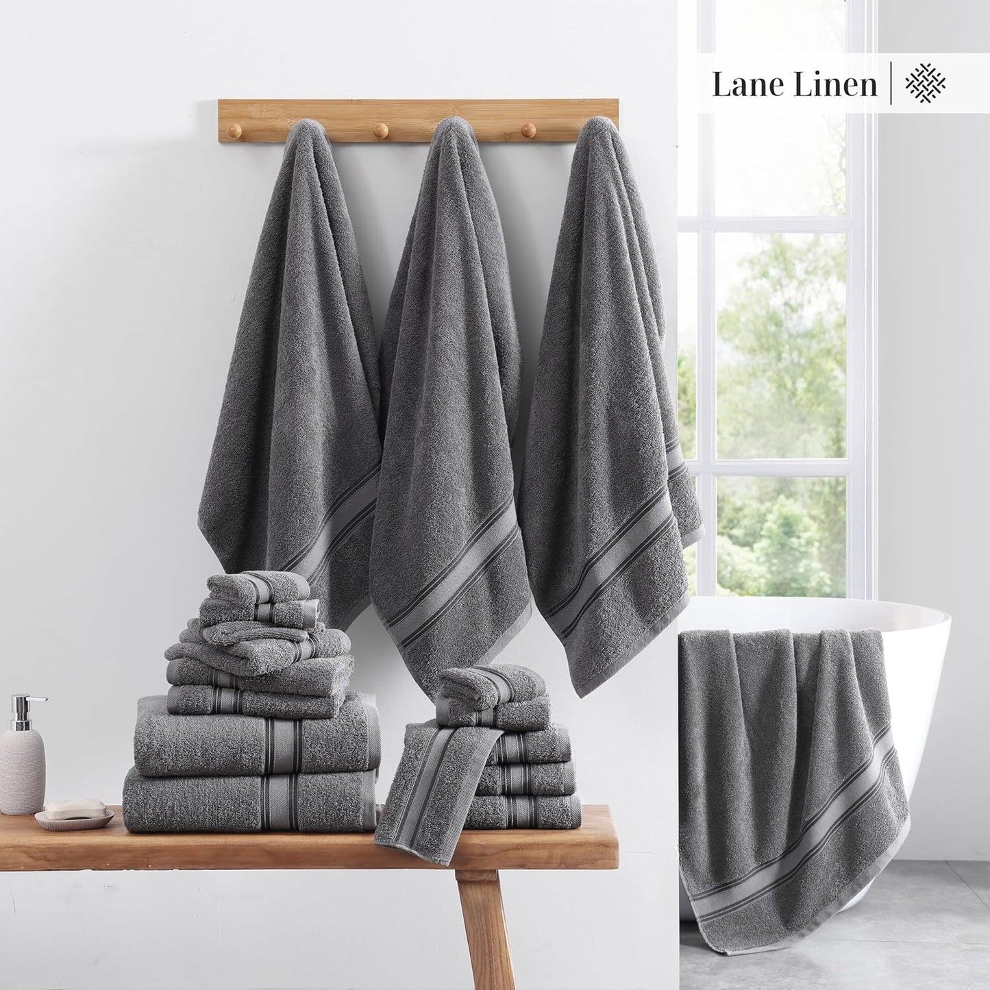 LANE LINEN Luxury Bath Towels Set - 12 Piece, 100% Cotton, Zero Twist, Super Soft & Absorbent, Includes 4 Bath Towels, 4 Hand Towels, 4 Washcloths - Cool Grey