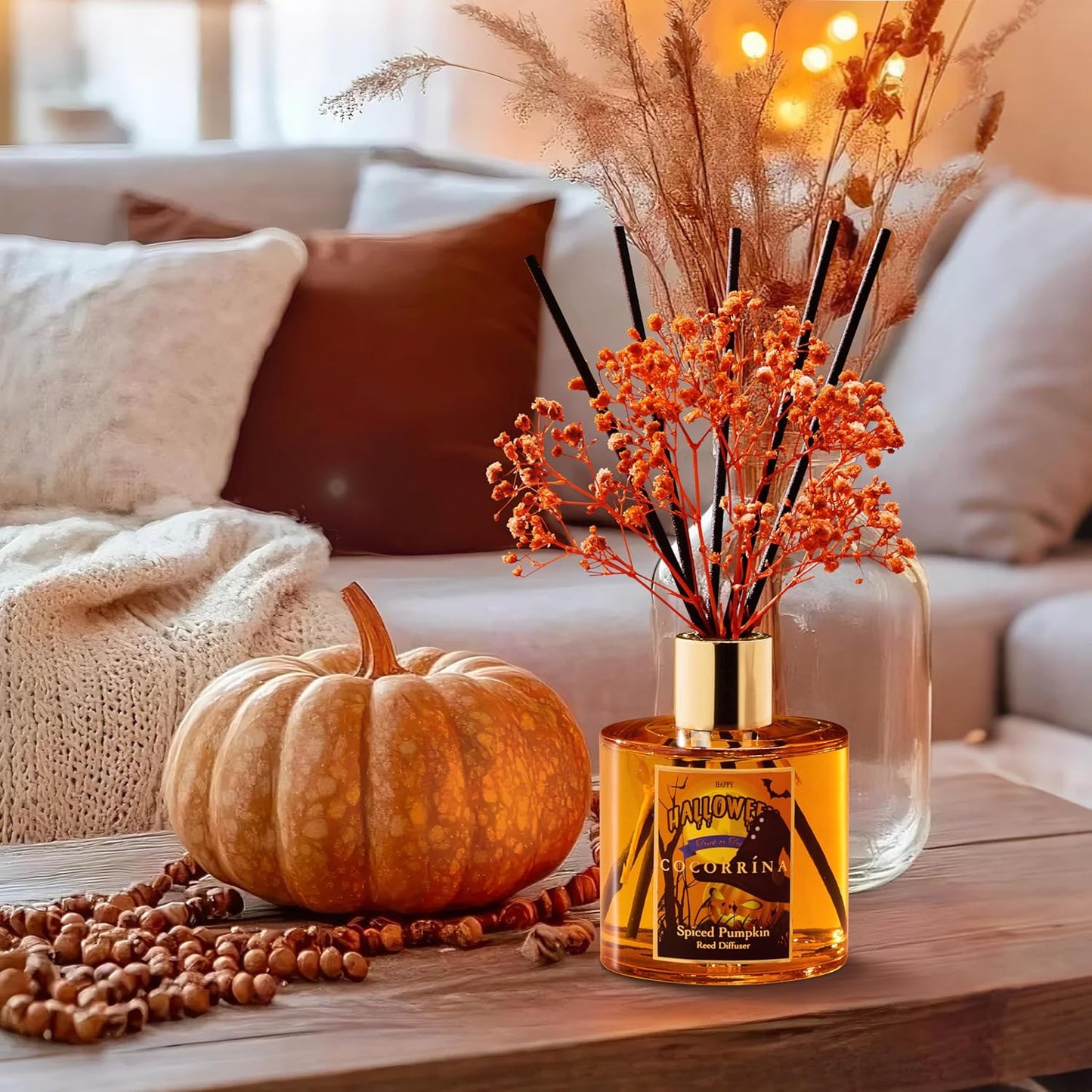 COCORRÍNA Reed Diffuser - Spiced Pumpkin 6.7 fl oz Scented Diffuser with 8 Sticks Home Fragrance Bathroom Shelf Decor (Halloween Collection)