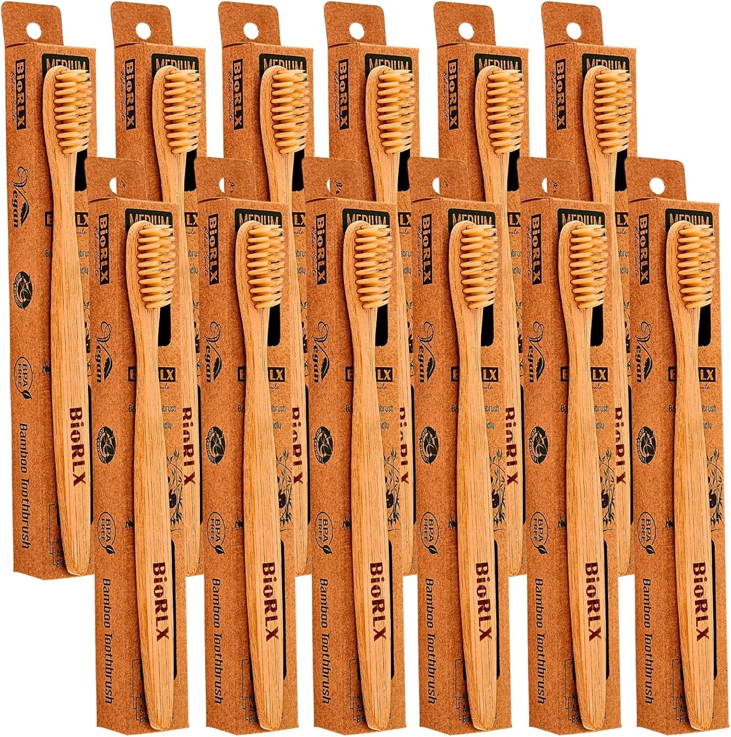 BioRLX Bamboo Toothbrush - Biodegradable Wooden Toothbrushes, Natural BPA Free - Wooden Toothbrush, Eco-Friendly - Compostable and Durable (Twelve Pieces, Medium)