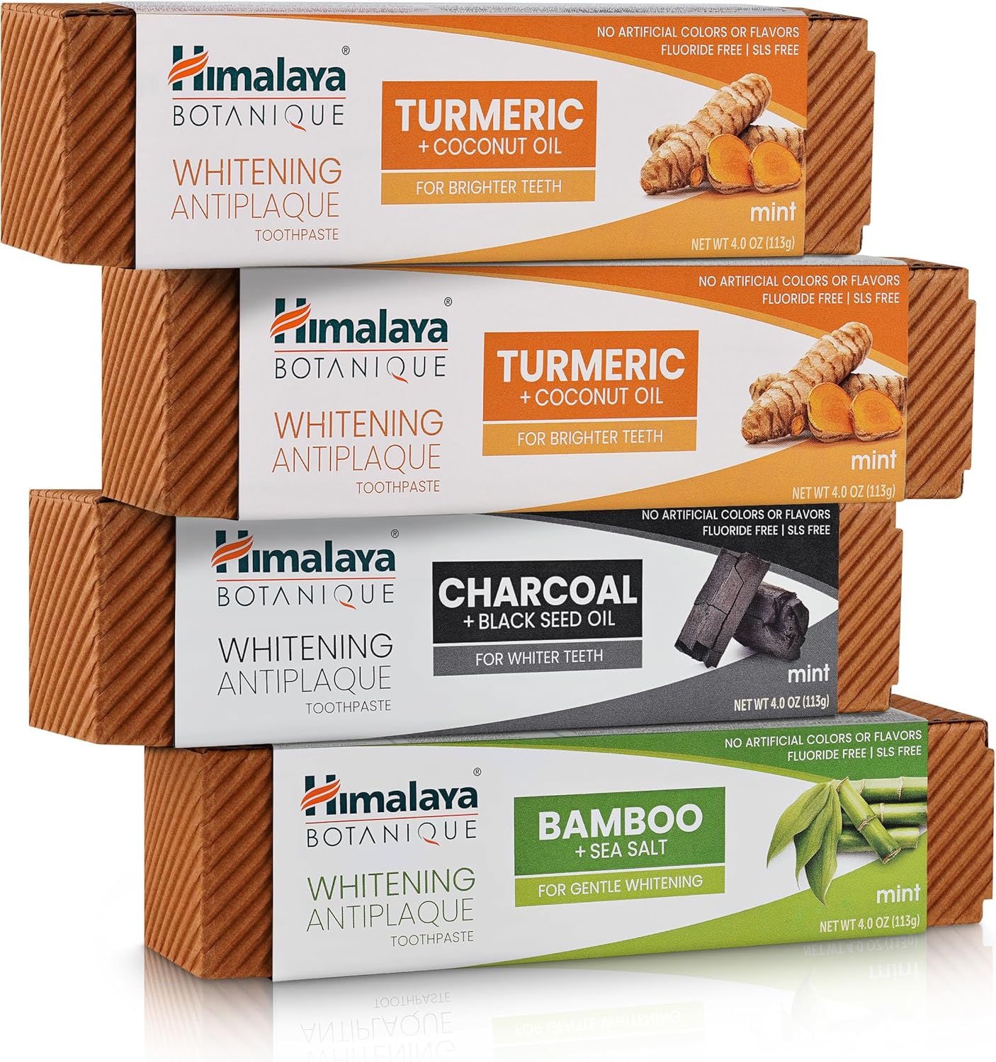 Himalaya Botanique Whitening Antiplaque Toothpaste, Variety Pack Mint Flavors - Whitening Toothpaste Without Fluoride for Whiter Teeth & Fresh Breath - Vegan, Gluten Free, 4 oz (Pack of 4)