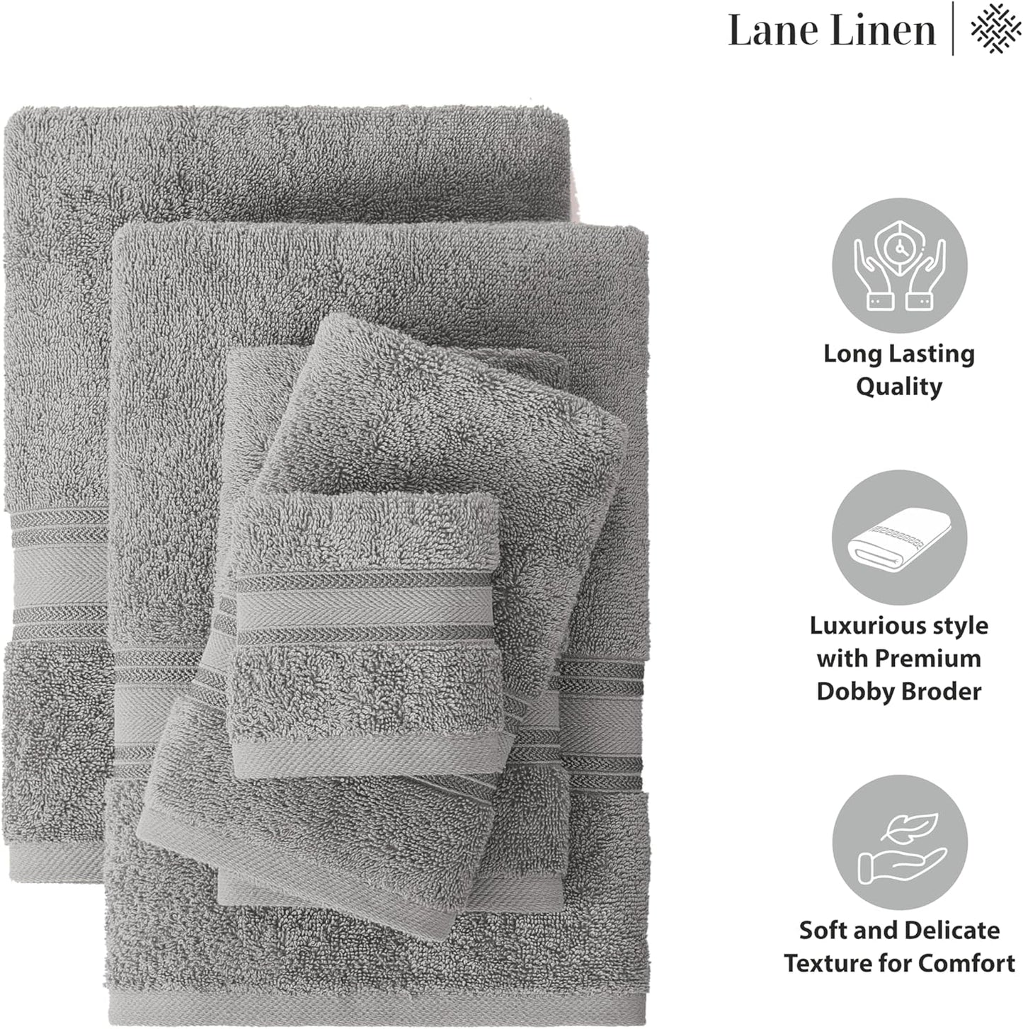 LANE LINEN 100% Cotton 18 Piece Bath Towel Set - Zero Twist, Quick Dry, Super Soft & Highly Absorbent - 6 Bath, 6 Washcloths, 6 Hand Towels for Bathroom - Hotel Quality Bathroom Towel Set - Grey