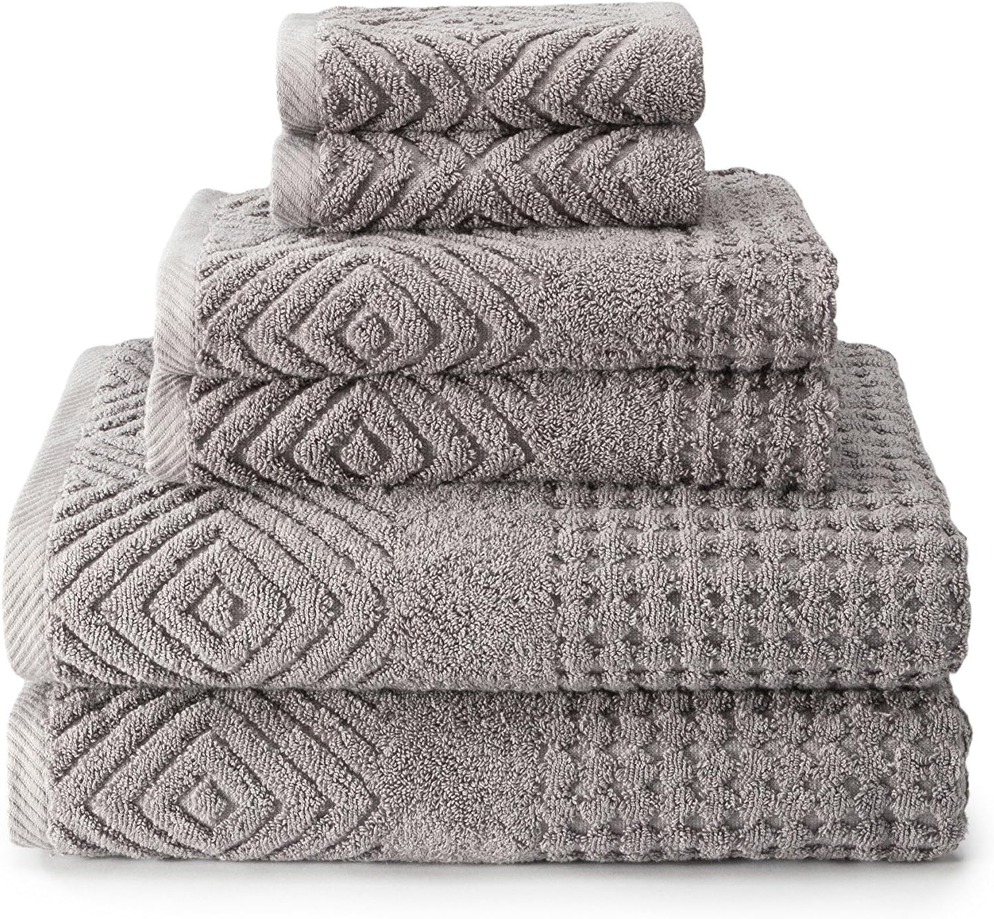 Texere 100% Organic Cotton Diamond Jacquard 700 GSM Luxury Bath Towel Sets - 2 Ultra Soft, Large Bath Towels, 2 Hand Towels, 2 Washcloths (Diamond, Cathedral Gray, 6 Piece)