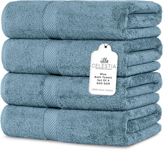 600 GSM 100% Cotton Bath Towels, Blue, Set of 4, Highly Absorbent, Plush, Soft, Quick Dry, 4 Pieces Combed Cotton Luxury Towels for Hotels, Spa, Salon, Bathroom, Dorm, Pack of 4