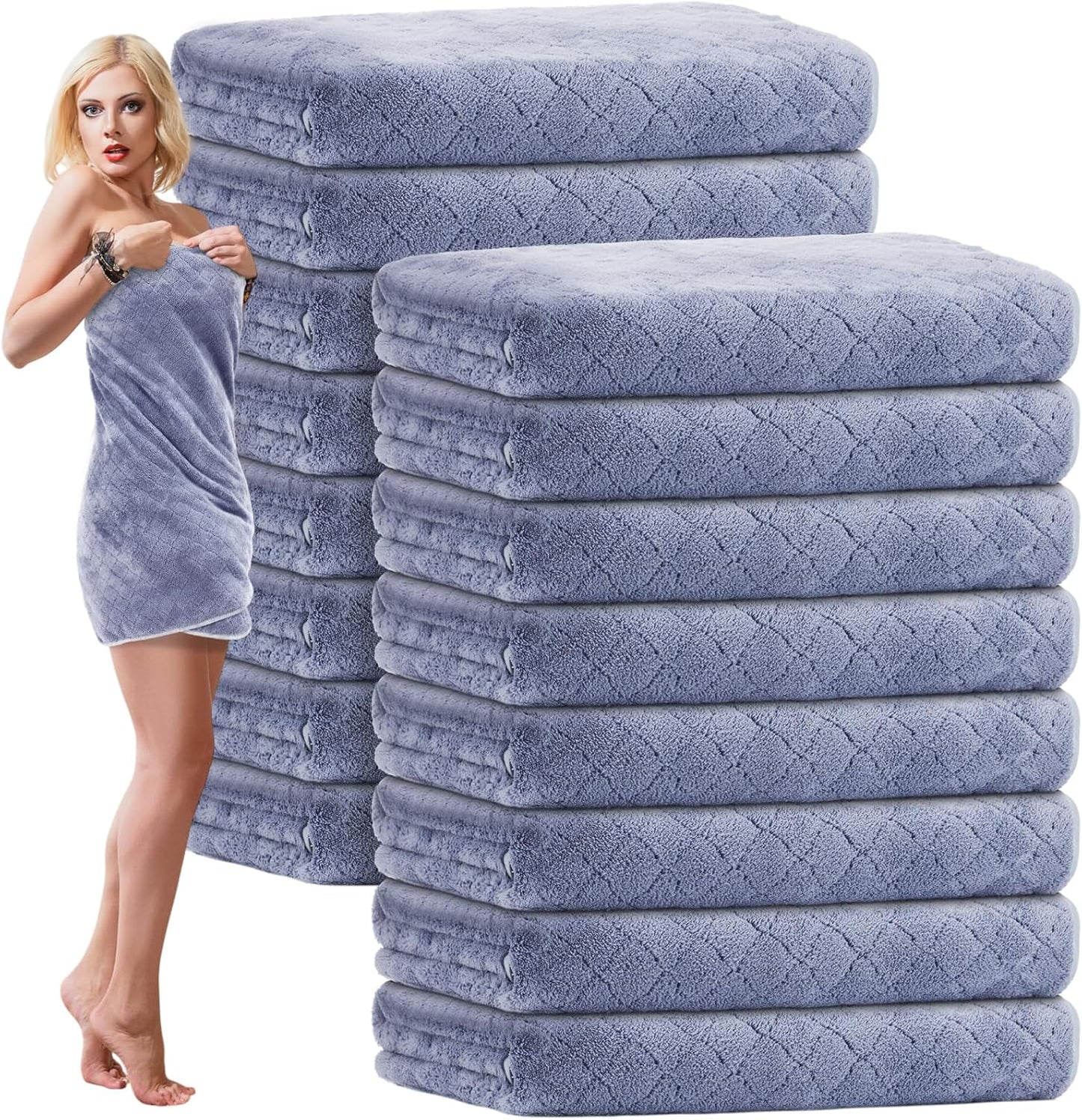 16 Pack Microfiber Bath Towels Bulk 27'' x 60'' Oversized Size Bath Towel Highly Absorbent Extra Large Soft Drying for Shower Beach Salon Winter Sport Spa Gym (Diamond,Light Grey)