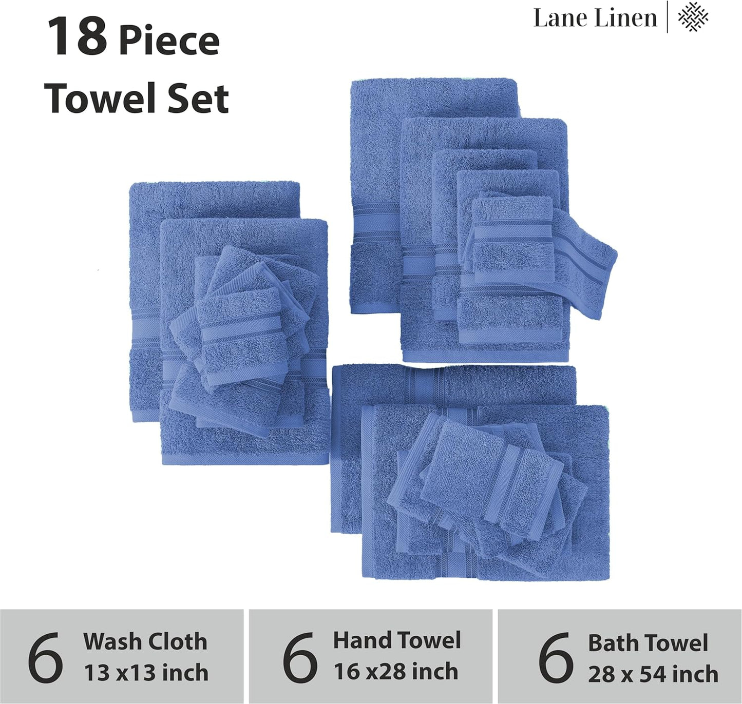 LANE LINEN 100% Cotton Luxury Bath Towel Set - 18 Pieces - Zero Twist, Quick Dry, Super Soft & Highly Absorbent - 6 Bath, 6 Washcloths, 6 Hand Towels for Bathroom - Pre Shrunk - Cerulean Blue